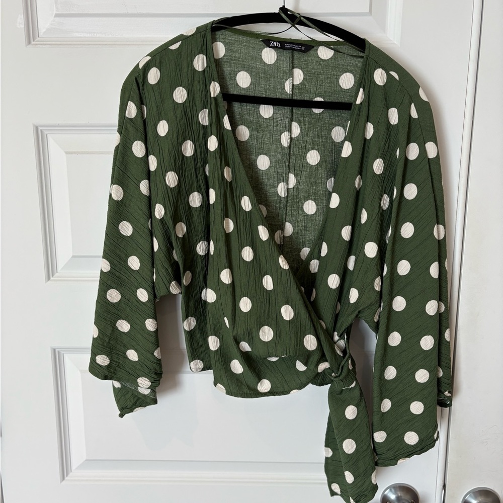 ZARA Green and beige Polka Dot Crop Top